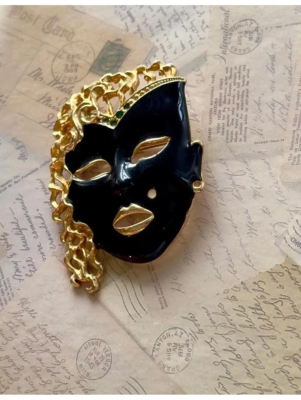 Vintage Black Enamel Mask Brooch Gold Tone Venetian Style Statement Pin